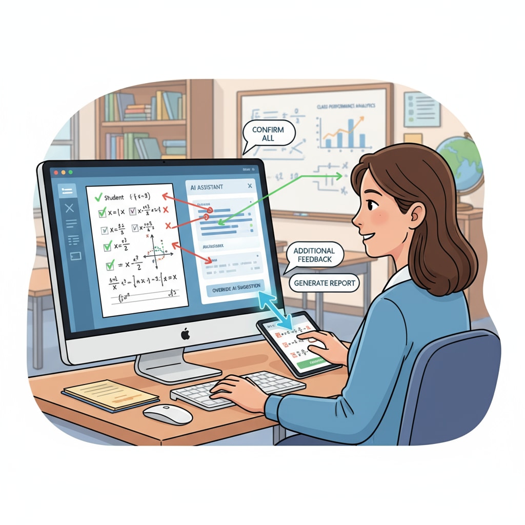 An illustration showing a teacher using an AI math grading tool on a computer, highlighting the interaction between the teacher and the digital tool. A teacher using an AI math grading tool to enhance working efficiency and professional value.