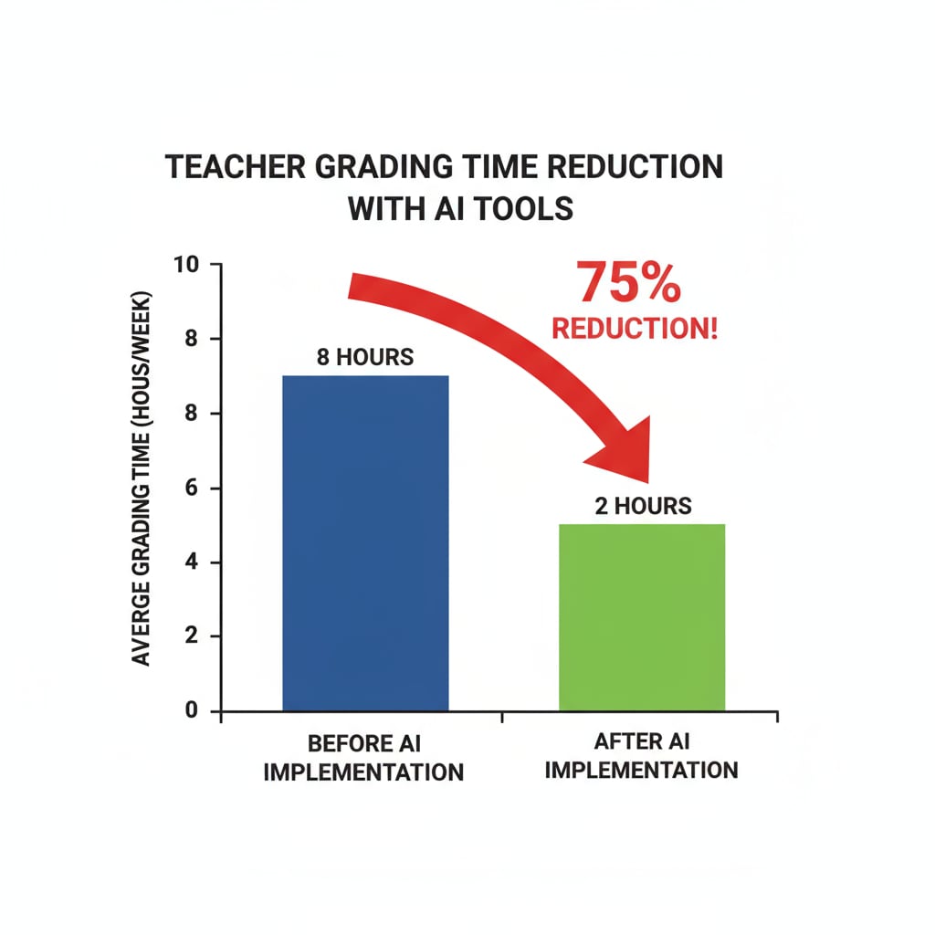 A graph depicting the reduction in teachers' grading time after using AI math grading tools, with clear labels showing the time before and after implementation. Graph showing the impact of AI math grading tools on teachers' working hours and professional value.