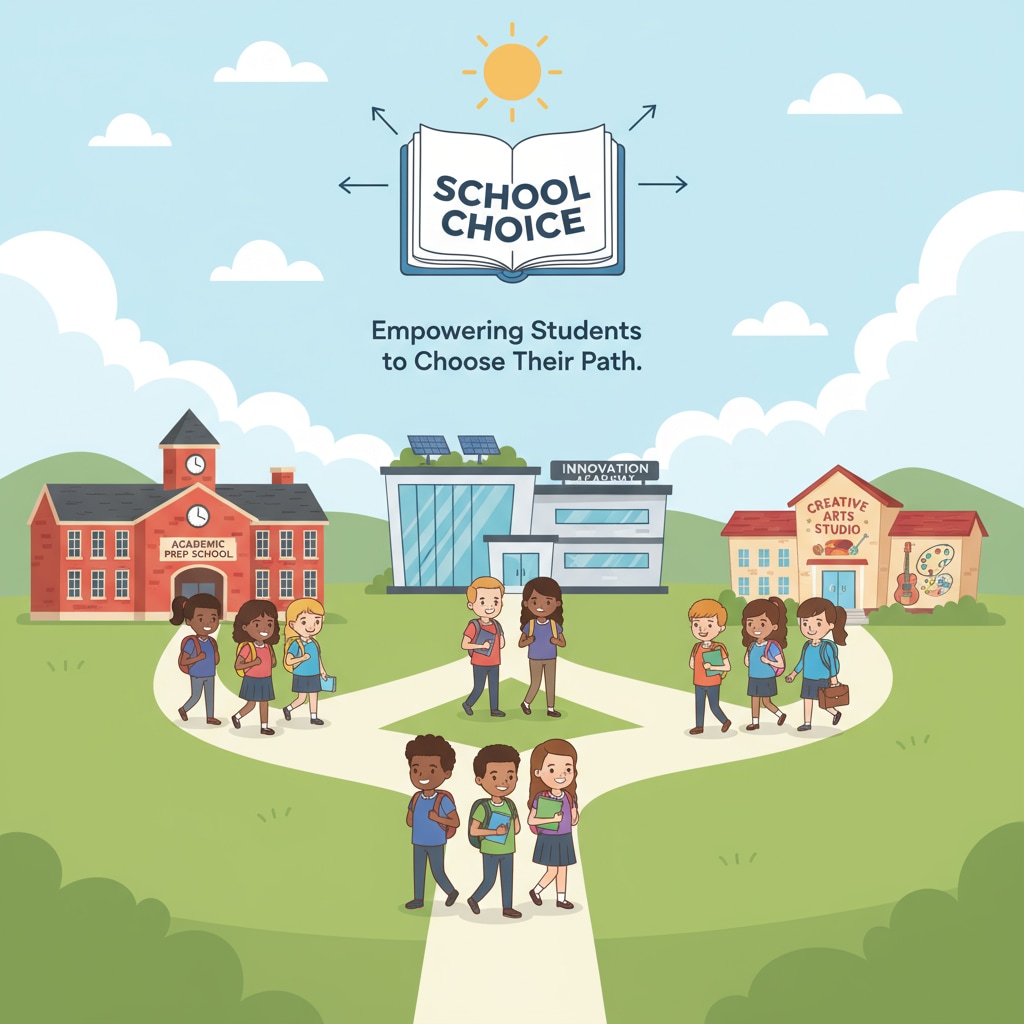 A group of students walking into different schools, representing the concept of school choice. School choice concept represented by students going to different schools, related to conservative views on education policy.
