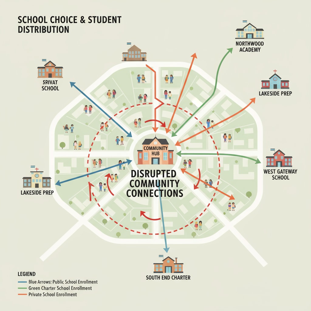 A map showing how students are scattered to different schools due to school choice, disrupting community connections. Map depicting the impact of school choice on community connections, relevant to conservative perspectives on education.