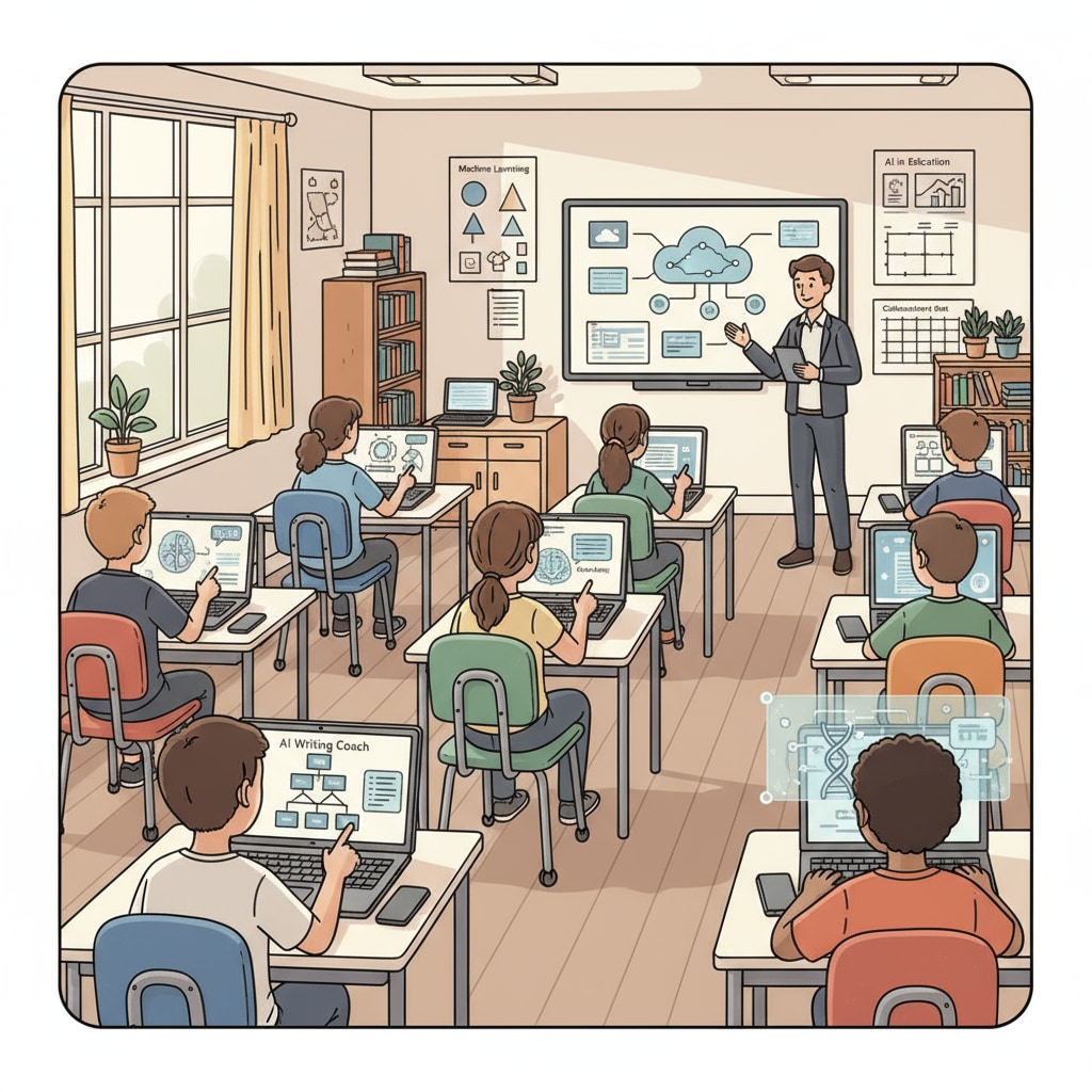 A classroom scene where students are using laptops with various AI learning applications. The students are engaged in different learning tasks, some typing, some looking at the screen with interest. Students using AI tools in a K12 classroom setting related to academic integrity, ChatGPT use, and legal debates