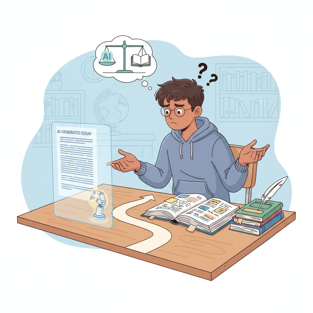 An illustration showing a student looking confused. On one side is an essay generated by AI, and on the other side is an open book. The student seems to be in a dilemma about how to proceed with their academic work. Illustration of a student's ethical dilemma regarding AI-generated work and learning materials related to academic integrity, ChatGPT use, and legal debates