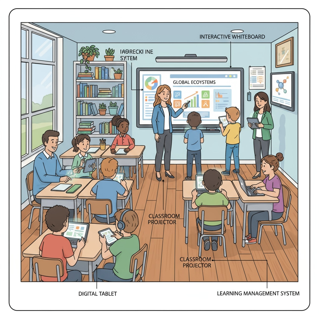 A classroom scene where teachers are using various educational technology tools, such as tablets and interactive whiteboards. Teachers using educational technology tools to ease teaching burden