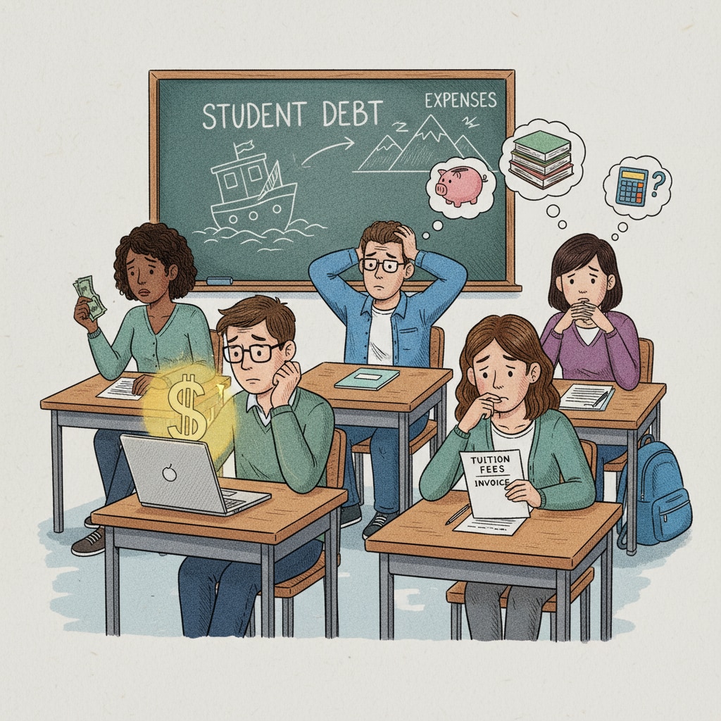 A group of students sitting at desks, looking worried about tuition fees. This image depicts the common situation of students who are burdened by the thought of not being able to afford their tuition. Students worried about financial hardships and tuition fees