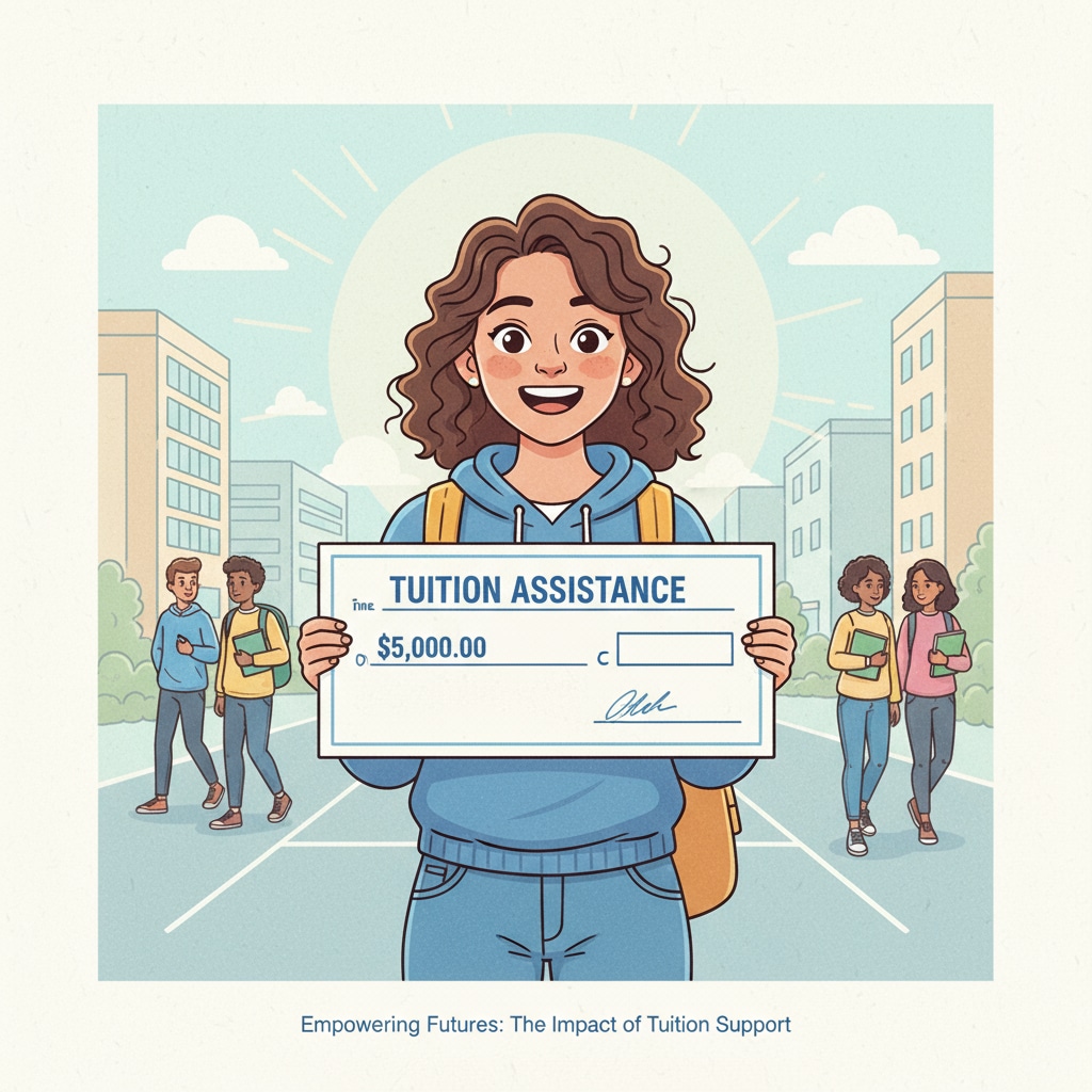 A student smiling after receiving a tuition assistance check. It shows the positive impact of tuition support on a student's life. Student happy after getting help with tuition fees through donations