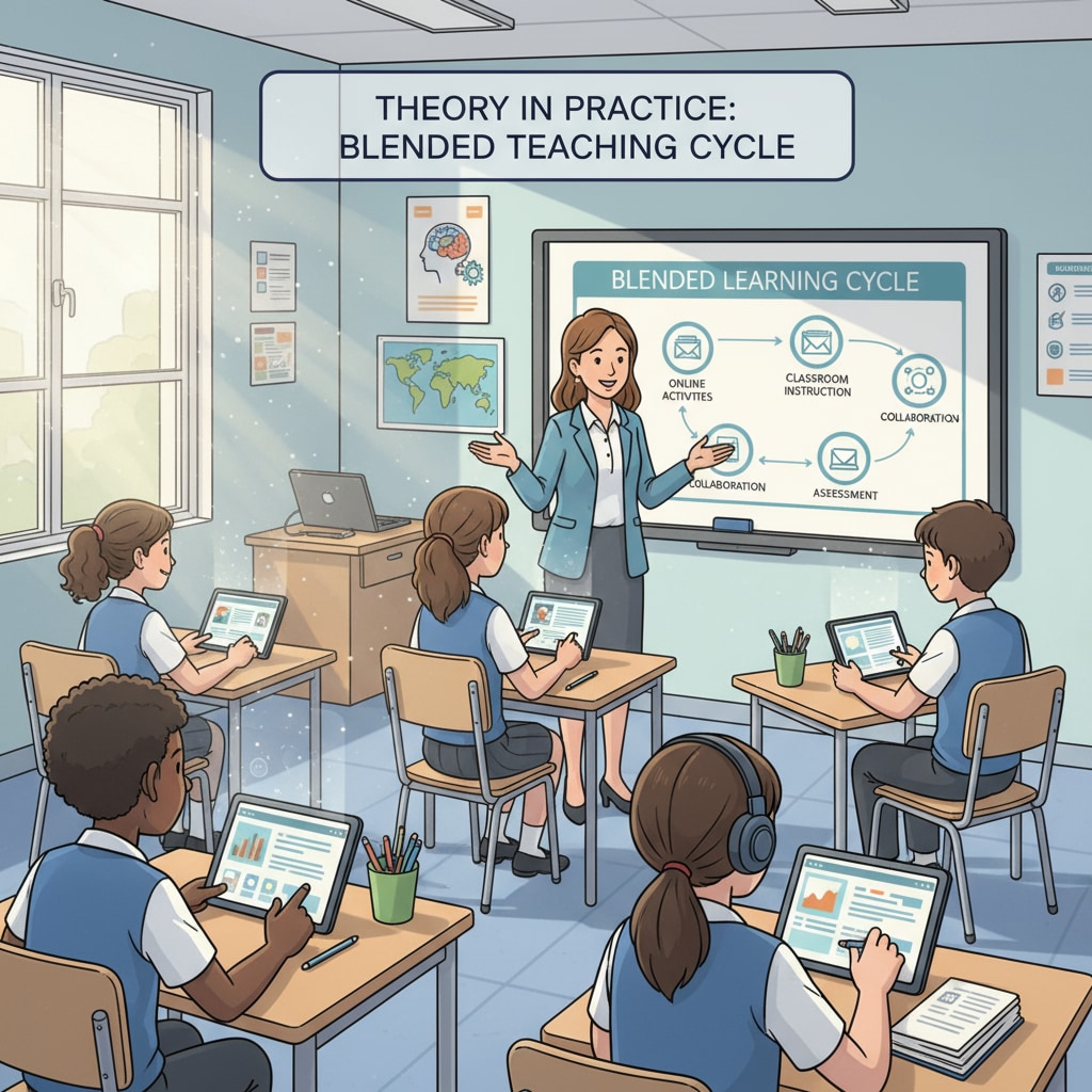 A classroom scene shows students using tablets for online learning while the teacher gives in-person instructions, representing the blend of traditional and digital learning in the blended teaching cycle theory. Classroom scene demonstrating the blended teaching cycle theory in K12 education with transmissive and facilitative teaching elements.