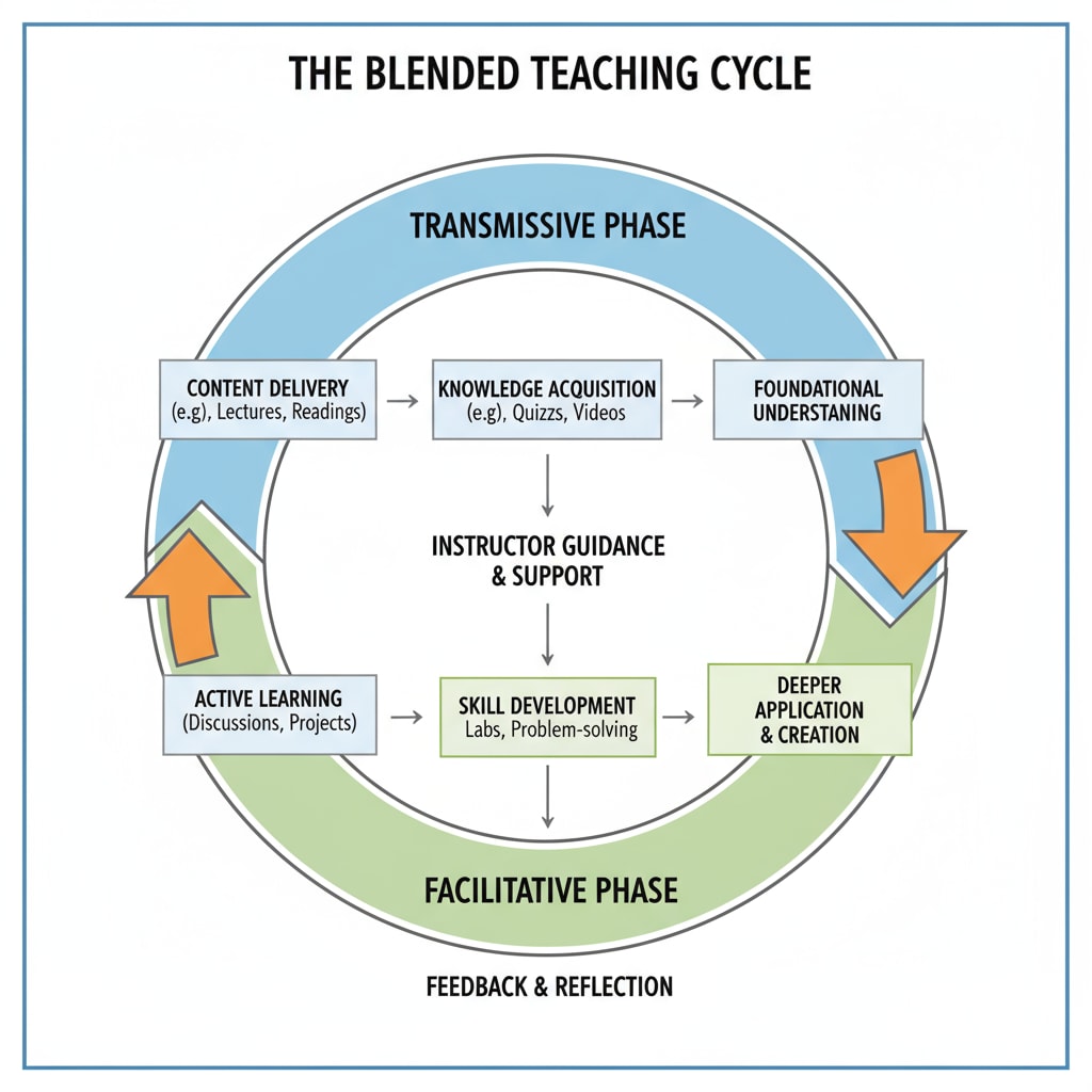 A diagram with arrows and sections labeled to show the different phases of the blended teaching cycle, including transmissive and facilitative phases. Visual representation of the phases in the blended teaching cycle theory for K12 education.