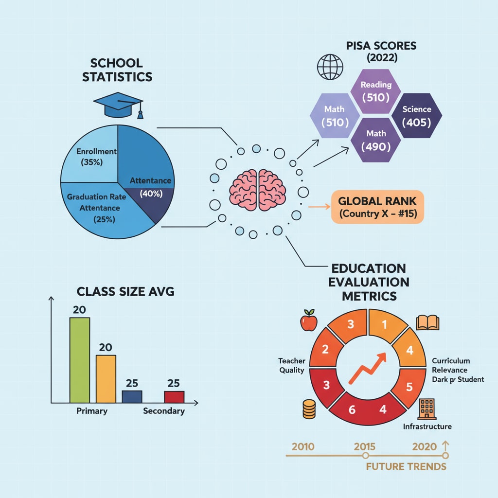 A graphical representation showing various educational data points related to school statistics, PISA scores, and education evaluation metrics. Different colors and shapes are used to distinguish between different types of data. Graphical representation of educational data related to school statistics, PISA, and education evaluation