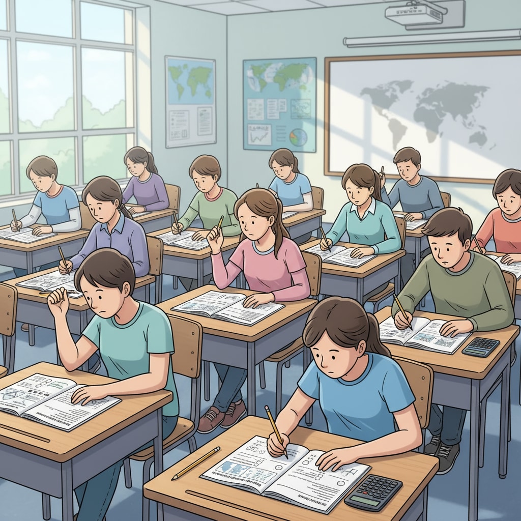 A group of students sitting at desks, concentrating on answering assessment questions similar to those in PISA. There are pencils, papers, and calculators on the desks. A group of students taking a PISA - like assessment