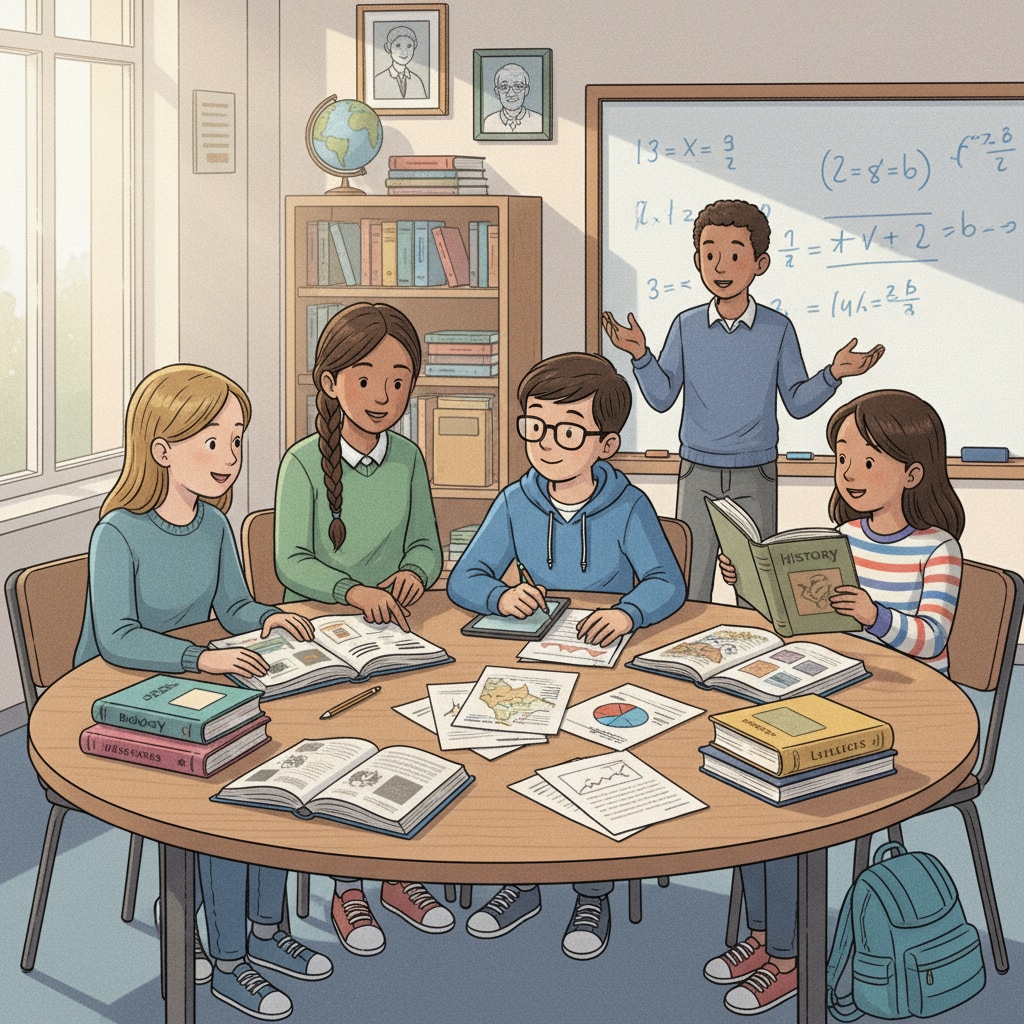 A group of K12 students are sitting around a table, discussing different academic subjects, with books and papers spread out. K12 students engaged in multidisciplinary discussion for self-education