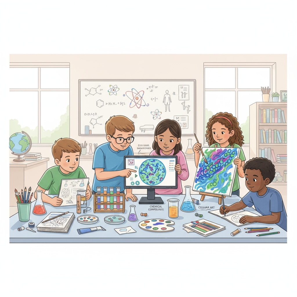 Students are collaborating on a project that involves elements of science, like using microscopes, and art, such as painting their findings. K12 students combining science and art in a multidisciplinary self-education project