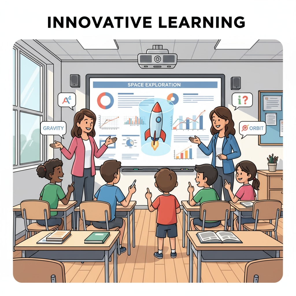 An interactive whiteboard is being used in a classroom. Students are gathered around it, actively participating in a lesson by writing on the board and discussing with the teacher. Interactive whiteboard use in a classroom for enhanced student engagement