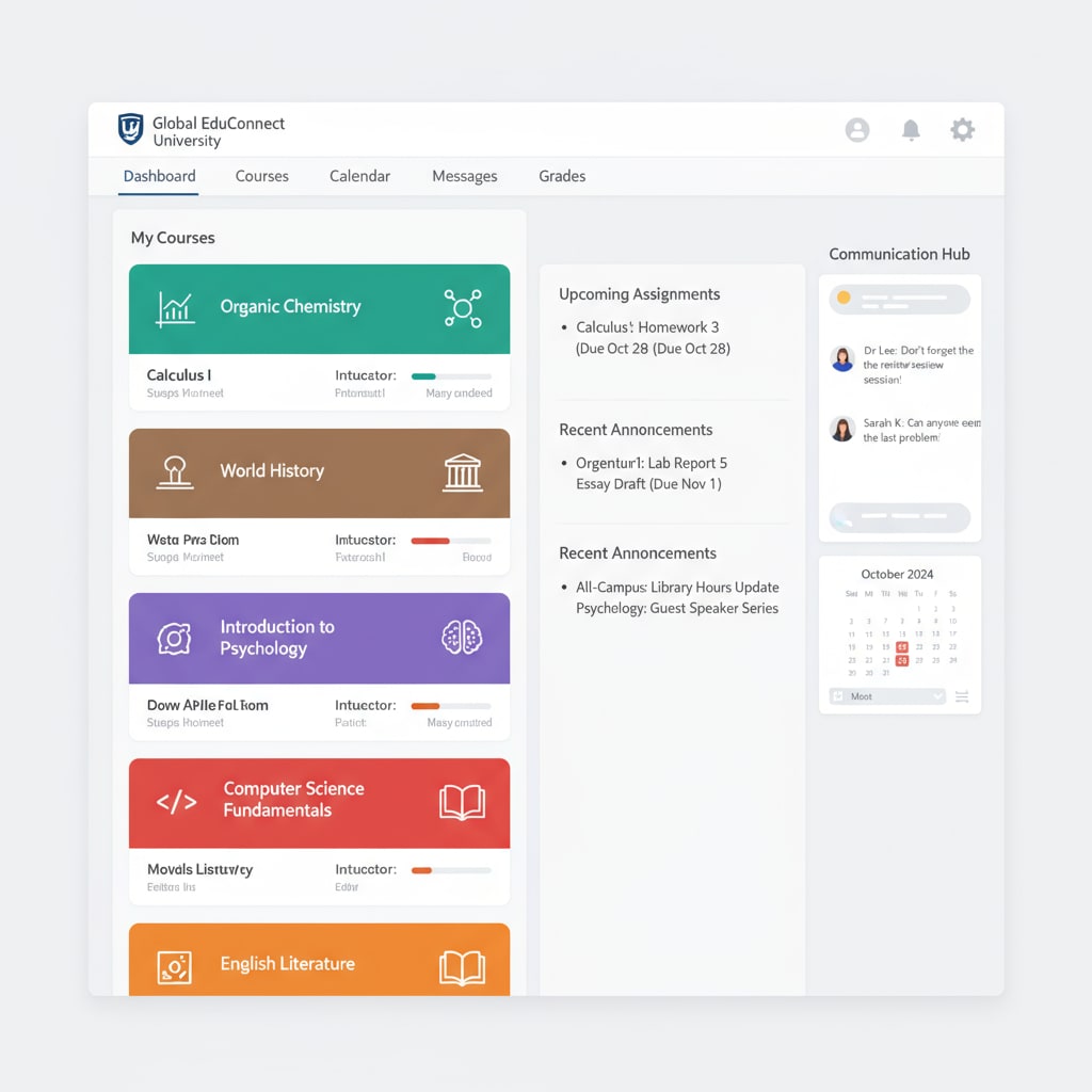A screenshot of a well-known Learning Management System dashboard shows various course tiles, assignment sections, and communication features. Learning Management System dashboard for streamlined classroom learning and student engagement