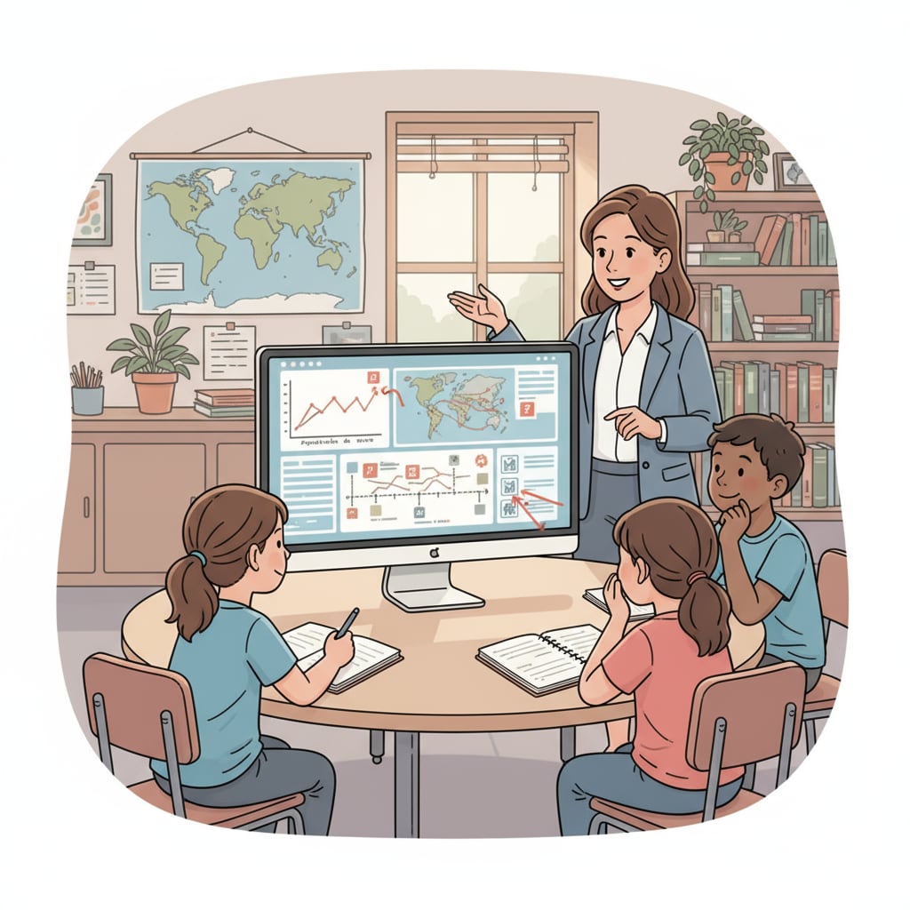 A group of K12 students sitting in a classroom, looking at a computer screen with historical charts displayed. This represents students engaging with historical charts in an educational setting. K12 students looking at historical charts on a computer screen for resource learning