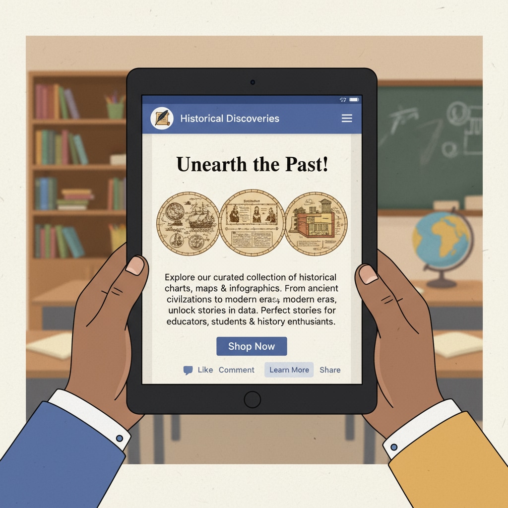 A screenshot of a Facebook ad promoting a historical chart collection. This shows how Facebook ads can be used to discover historical resources. Facebook ad promoting historical chart collection for K12 students' resource finding