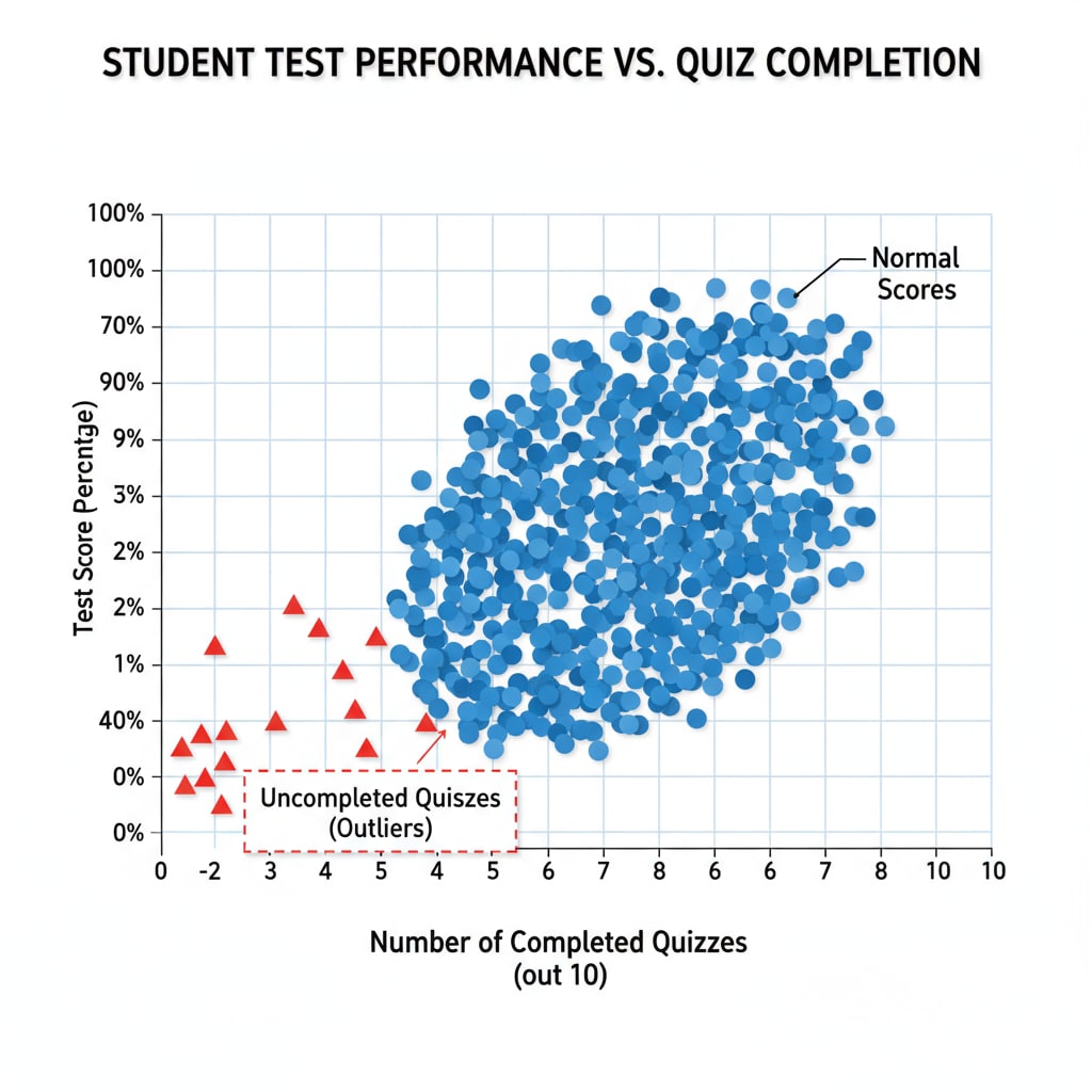 The graph shows a distribution of test scores. Normal scores are grouped together, while a few data points representing uncompleted quizzes are far from the main group, highlighting their outlier status. Graph showing uncompleted quiz data as outliers among test scores