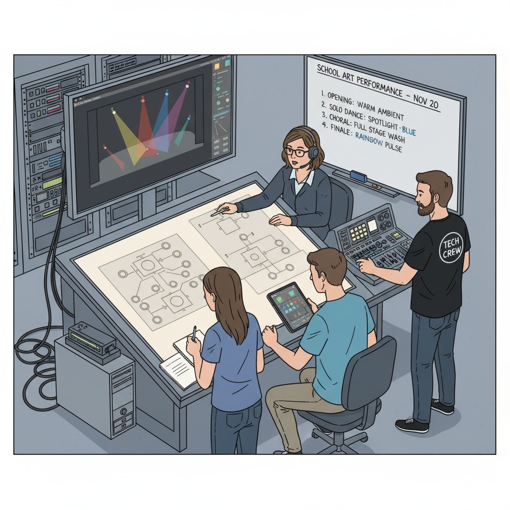 A group of students and technology team members are engaged in a discussion about the stage lighting setup for an upcoming school art performance. They are looking at diagrams and planning the lighting cues. Students and technology team discussing stage lighting for school art performance