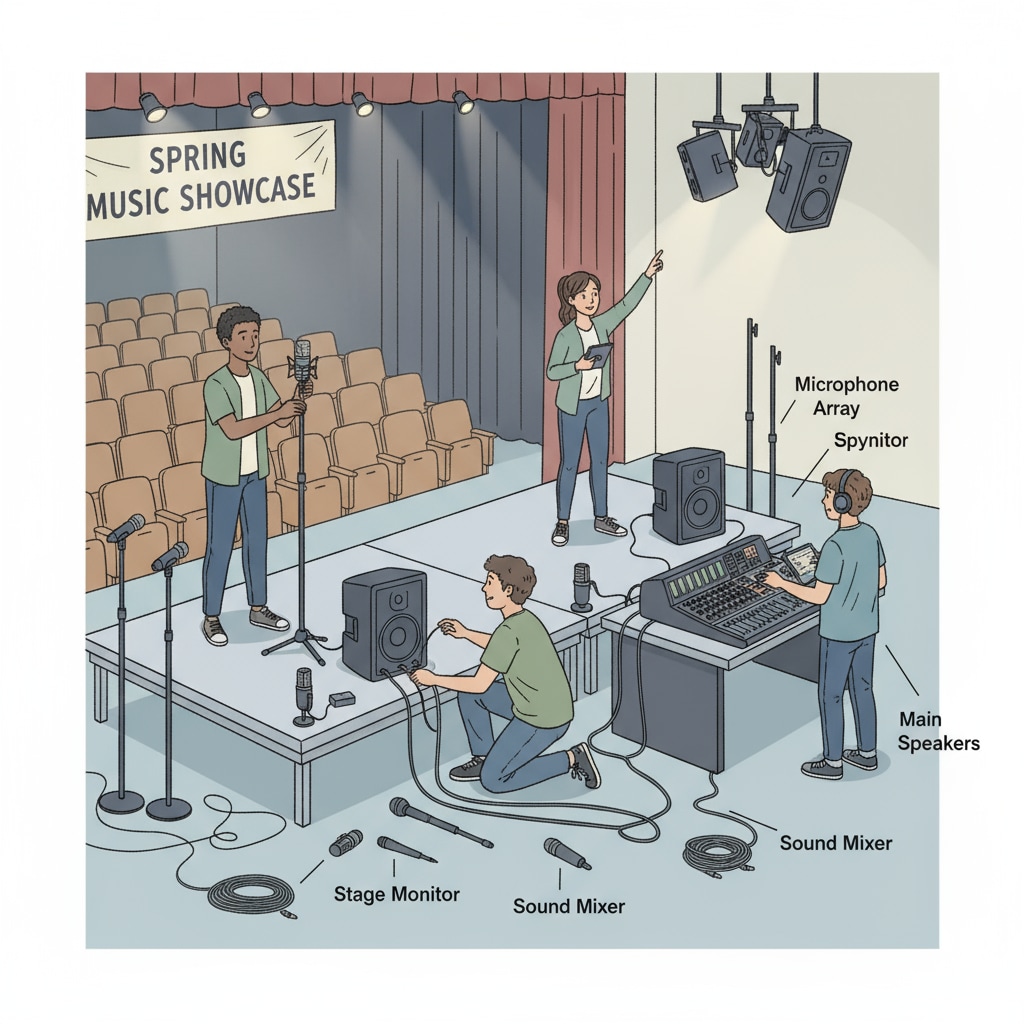 Technology team members are carefully setting up sound equipment for a school music performance. They are adjusting the microphones and speakers to ensure optimal sound quality. Technology team setting up sound equipment for school music performance