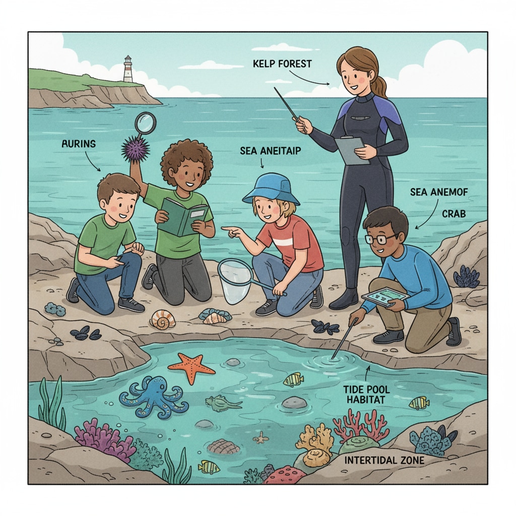 A group of students are observing marine life in a coastal area, showing their curiosity and engagement in the study of marine biology. Students observing marine life relevant to science degrees in marine biology and environmental science without prior knowledge
