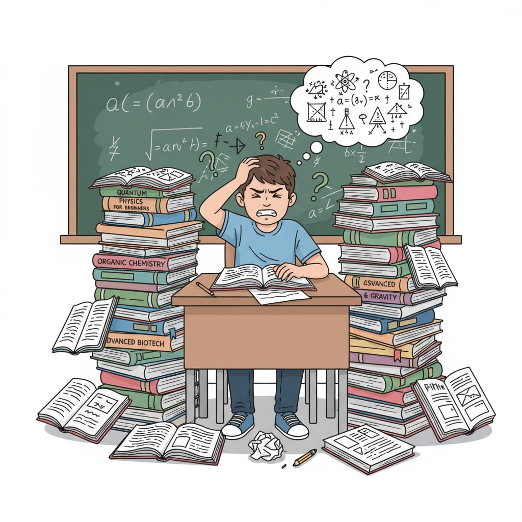 A student is sitting at a desk, looking frustrated while surrounded by scientific textbooks, representing the challenge of lacking prior knowledge in science fields. A student struggling with scientific textbooks in the context of pursuing science degrees in marine biology and environmental science