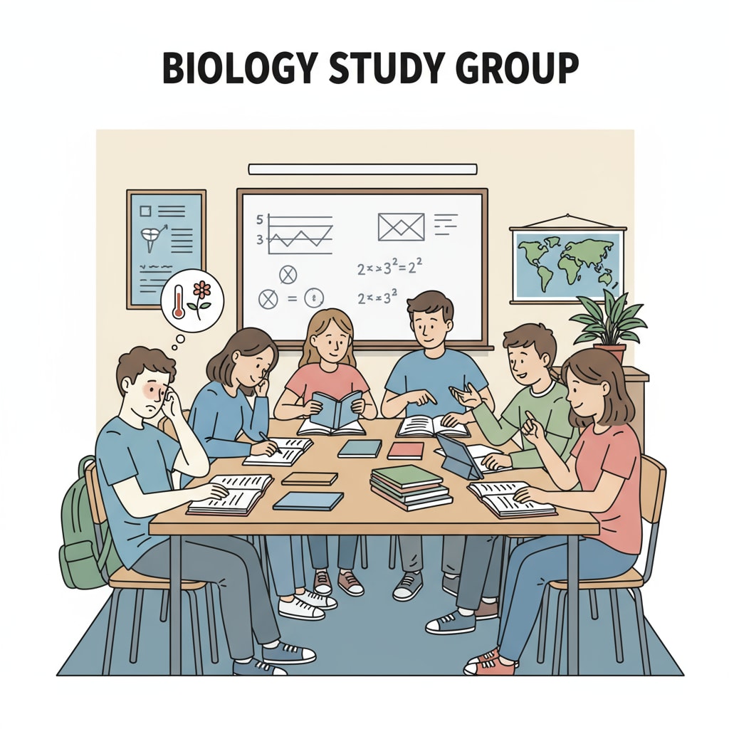 A group of high school students are shown studying together in a classroom. One student in the corner looks a bit tired, potentially due to a chronic illness that is affecting their studies. High school students studying with one affected by chronic disease