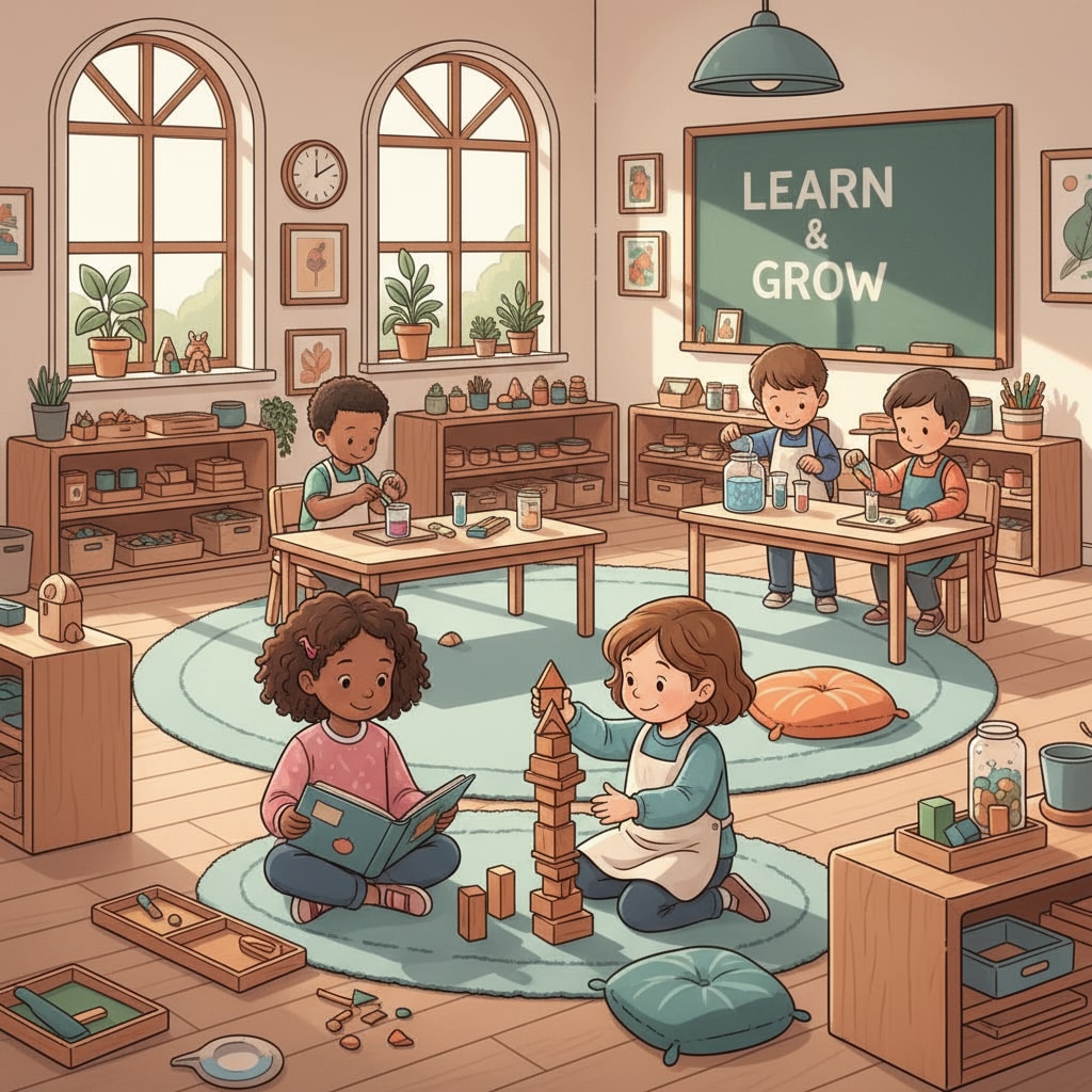A group of children in a Montessori classroom, engaged in various activities such as reading, building with blocks, and conducting simple experiments. Gifted children in a Montessori classroom during educational environment transition