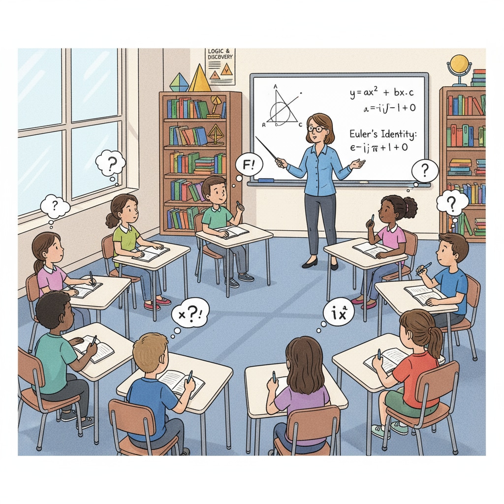 Children in a public school gifted class, sitting at their desks, listening attentively to the teacher who is explaining a math problem on the board. Gifted children in a public school gifted class during educational environment transition
