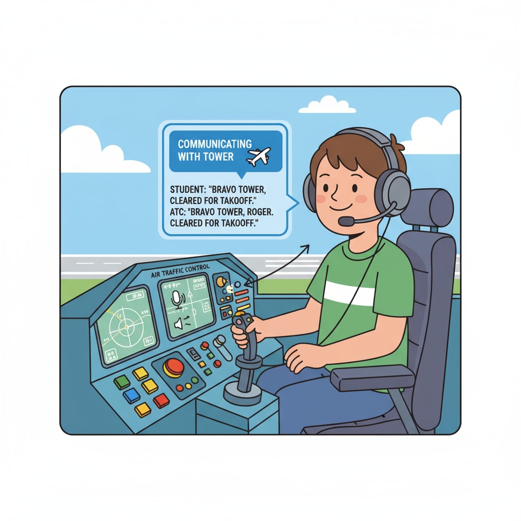A K12 student is sitting in a simulated cockpit, practicing communication skills by talking to a mock air traffic control system. K12 student practicing communication skills relevant to pilot training