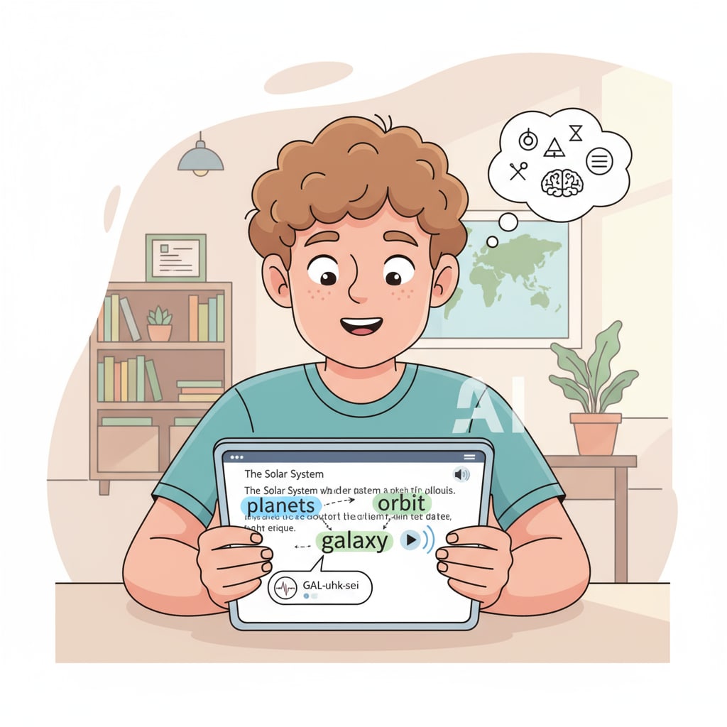 A student is using a tablet with an AI - based reading application. The app is highlighting words and providing audio pronunciation. A student using an AI - assisted reading tool on a tablet to enhance reading skills