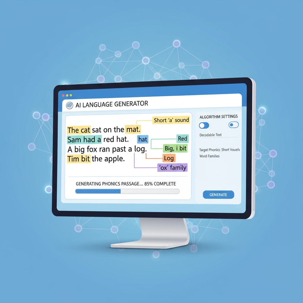 A computer screen showing an AI algorithm generating a decodable reading passage with words and phonics elements highlighted. An illustration of an AI system generating decodable reading texts for educational purposes