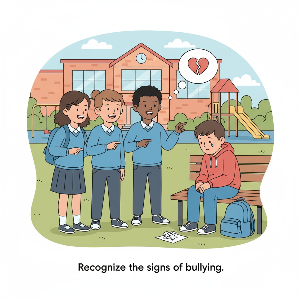 A group of students in a schoolyard, with one student looking dejected, suggesting possible bullying. School bullying situation with a sad student in the schoolyard