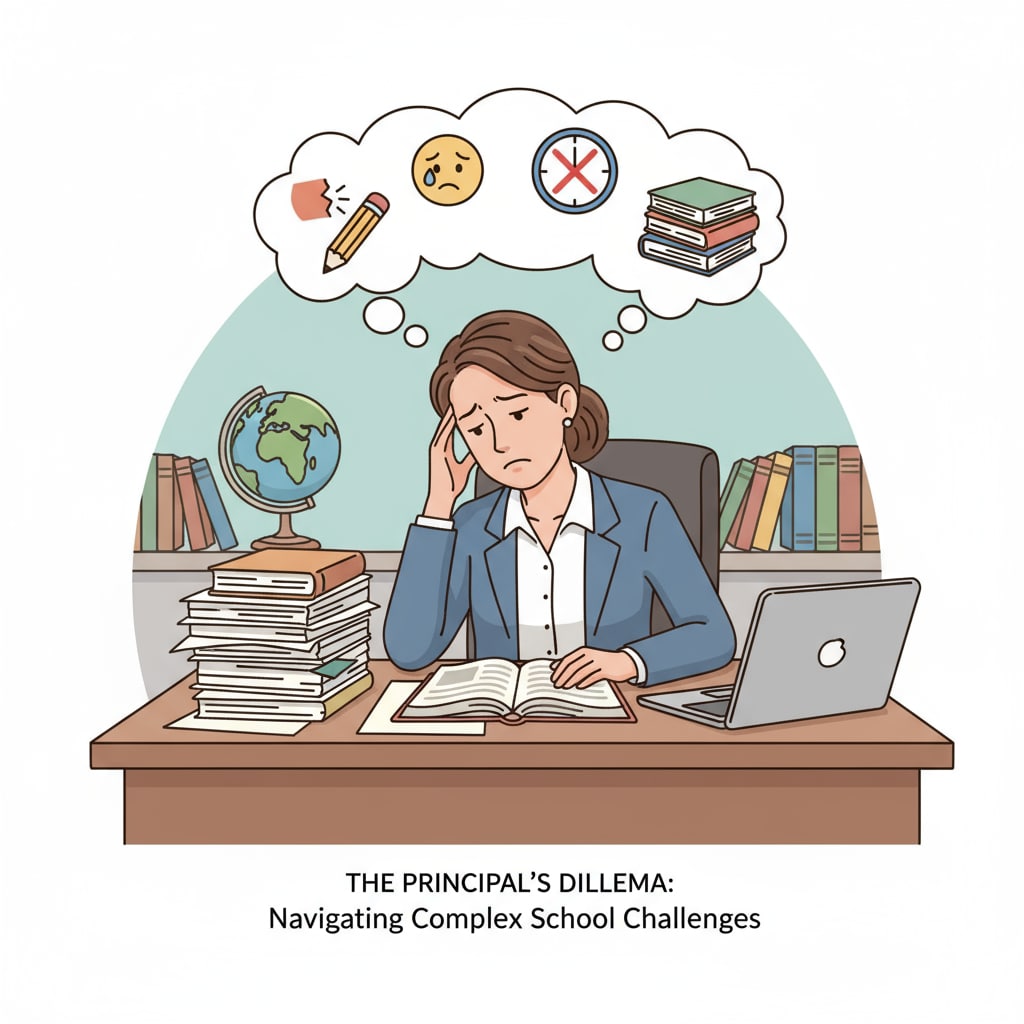 A school principal sitting at a desk, showing signs of concern, symbolizing the challenges of handling school issues. A worried school principal dealing with problems