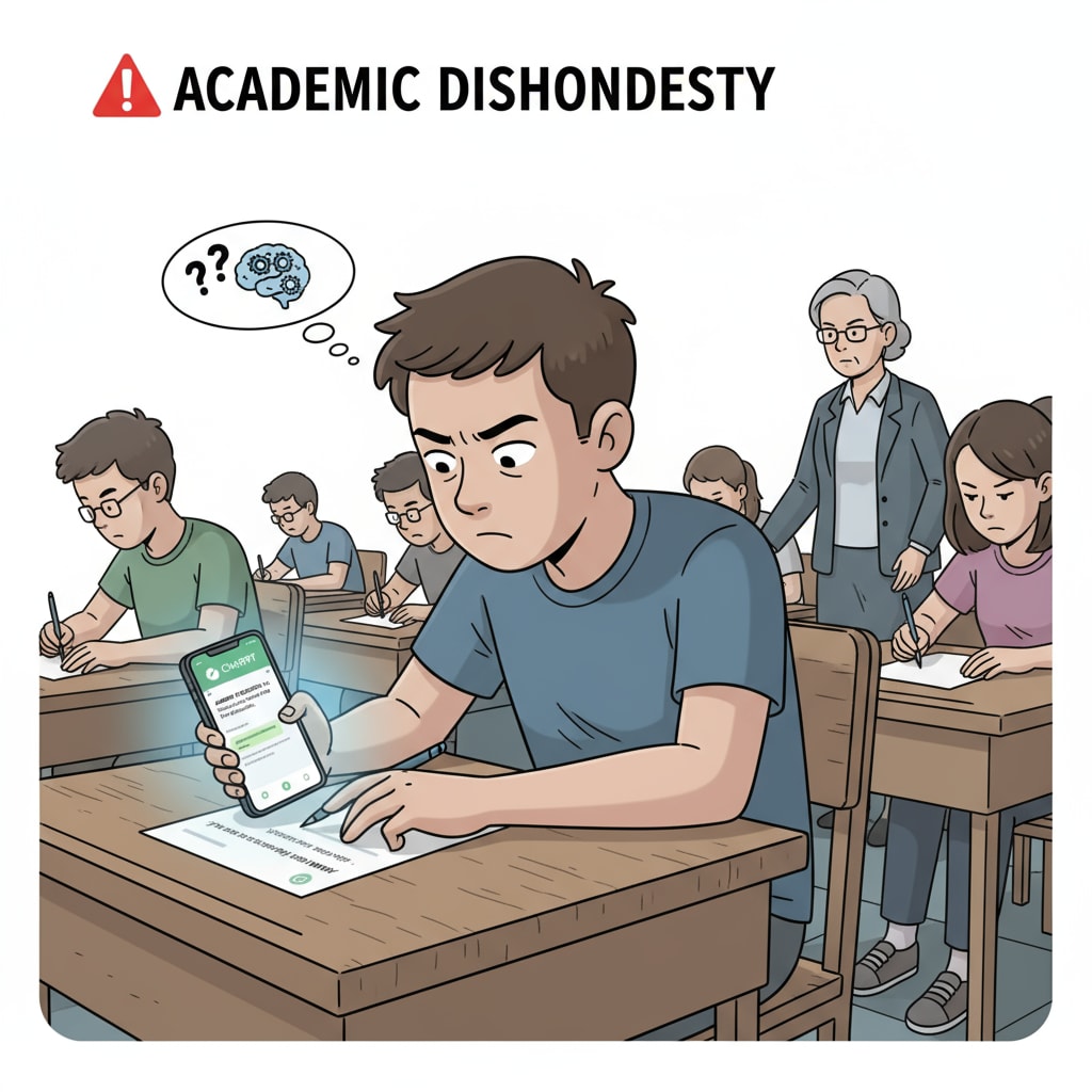 A student is secretly using a mobile device with ChatGPT open during an exam, showing a sense of deception. A student cheating with ChatGPT during an exam
