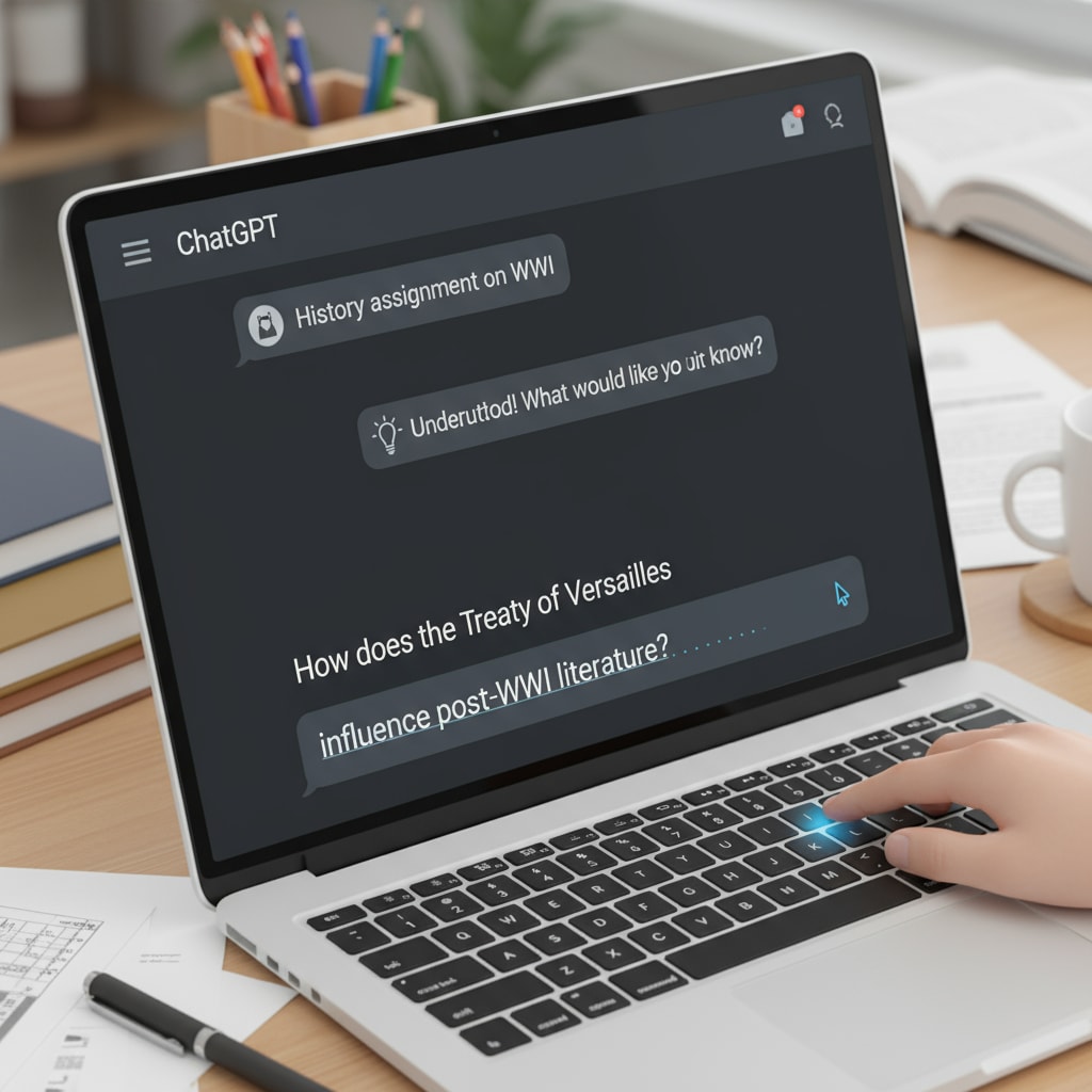 A close-up view of a student typing a question related to an assignment on a laptop with ChatGPT interface visible. A student using ChatGPT for academic dishonesty