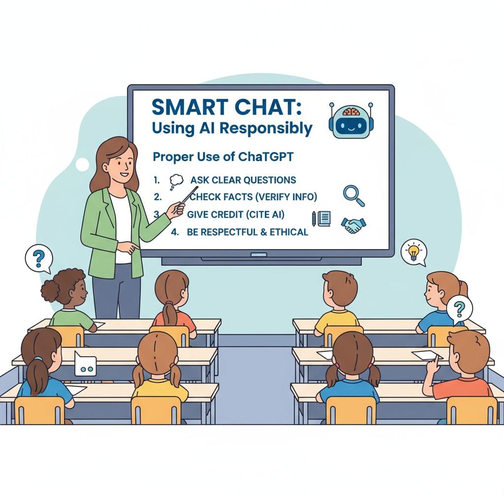 A teacher is standing in front of a class, explaining the proper use of ChatGPT with a presentation on the board. A teacher educating students on the proper use of ChatGPT