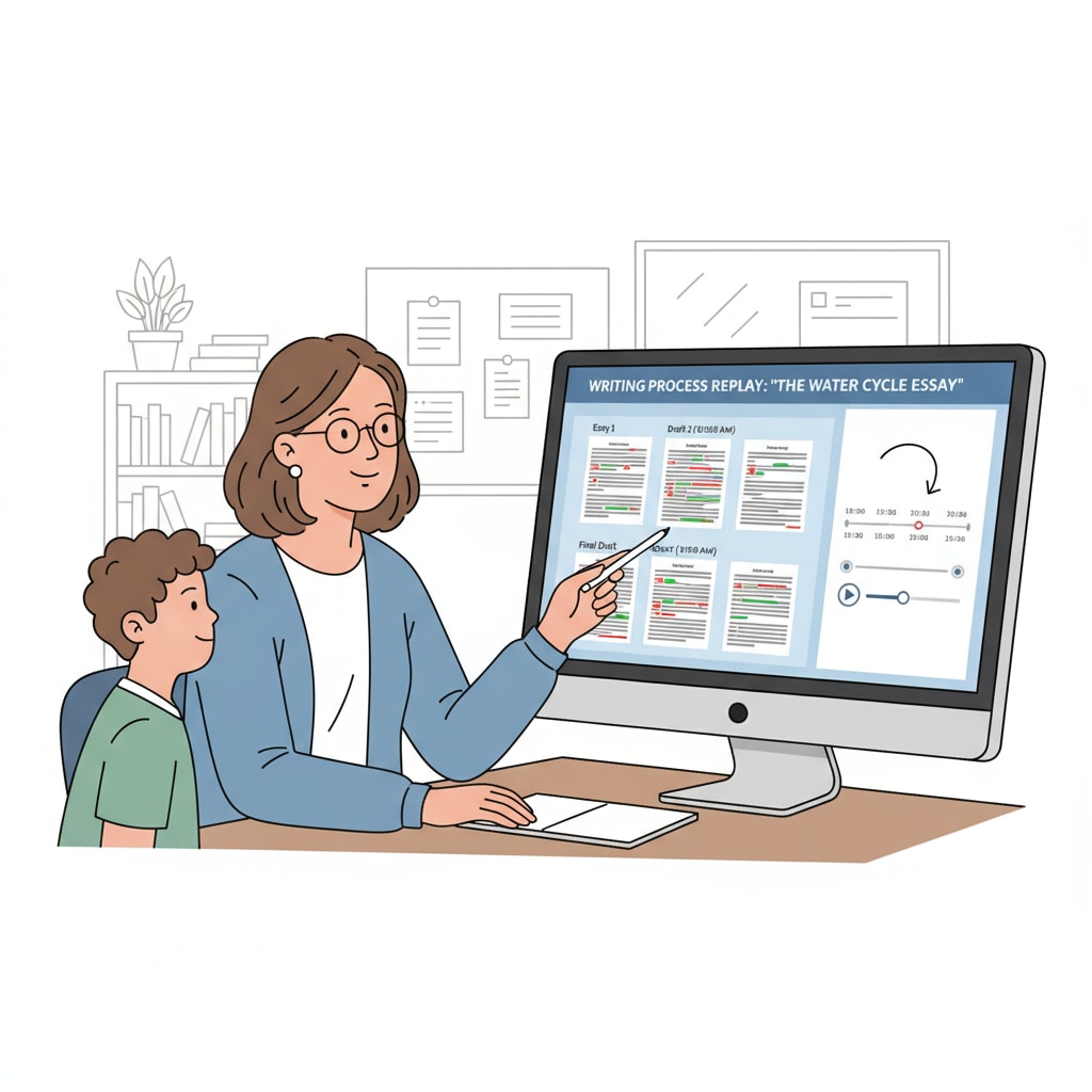 An illustration depicting a teacher analyzing a student's writing process using a document history replay tool on a computer screen. The screen shows the different versions of the document and the timeline of edits. A teacher using document history replay tool for teaching evaluation and plagiarism detection