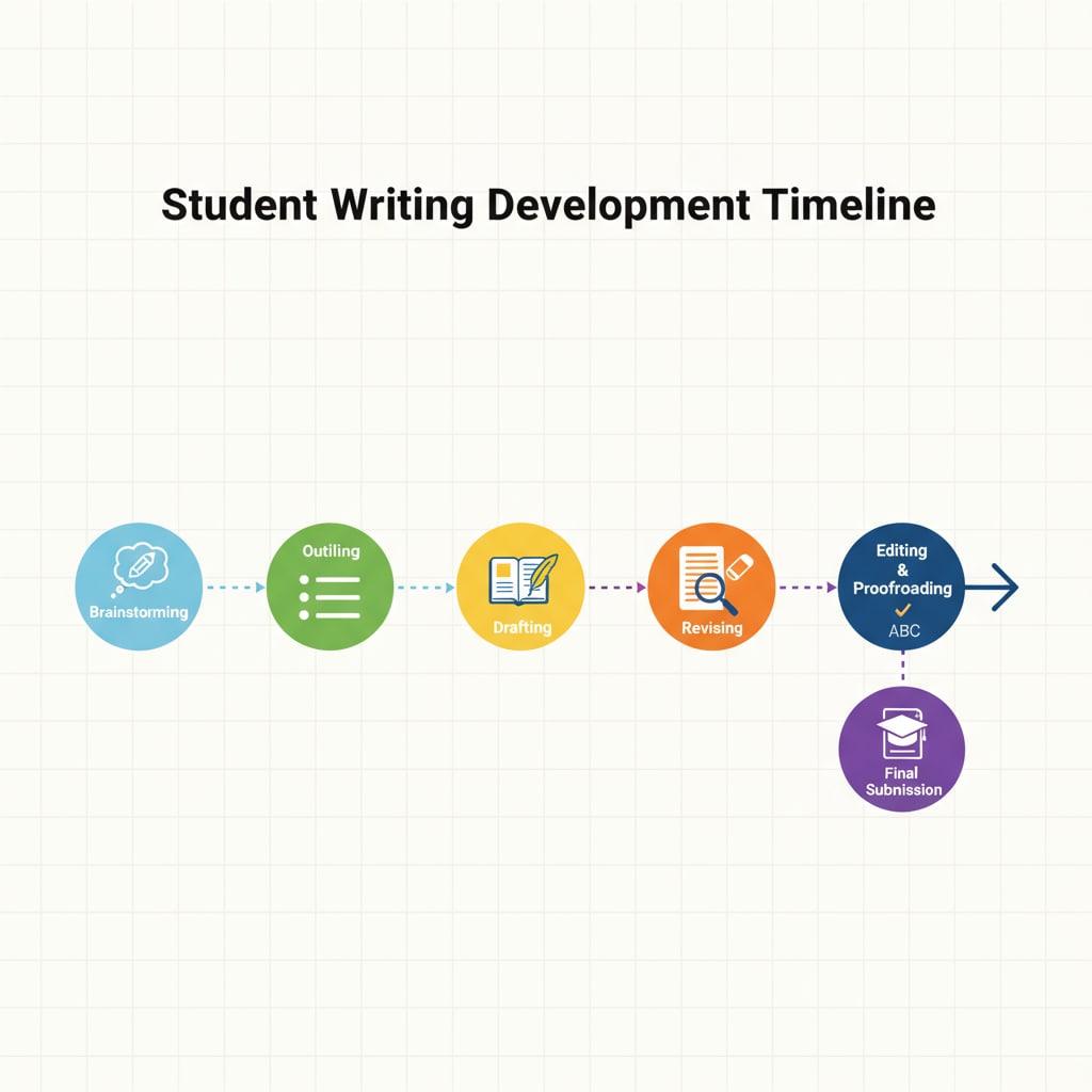 A visual representation of a document history timeline with markers indicating different stages of a student's writing development, such as brainstorming, drafting, and revising. Document history timeline showing student's writing development for teaching evaluation and plagiarism detection
