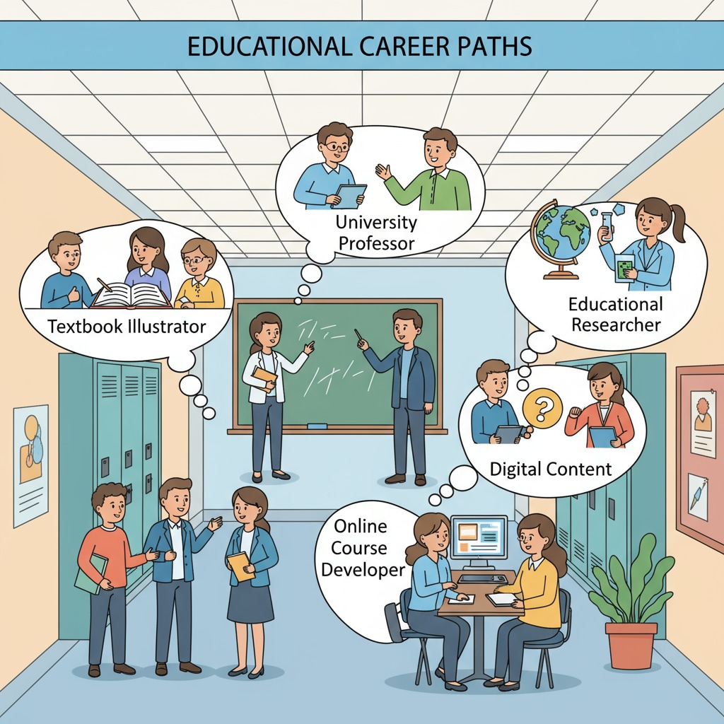 A group of students and teachers in a school hallway, discussing various educational career options Students and teachers discussing school psychology and administration career choices in a school hallway