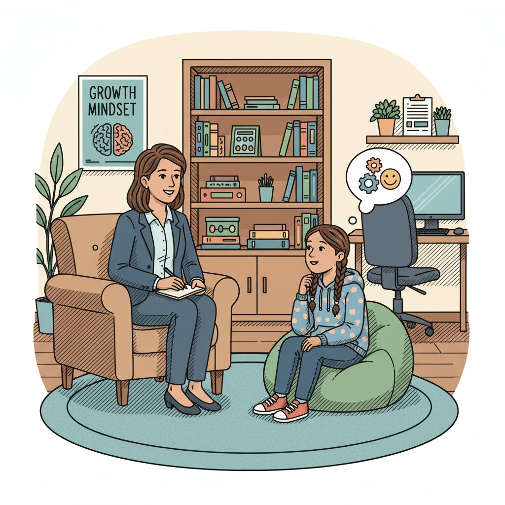 A school psychologist conducting a counseling session with a student A school psychologist engaged in a counseling session related to school psychology career choice