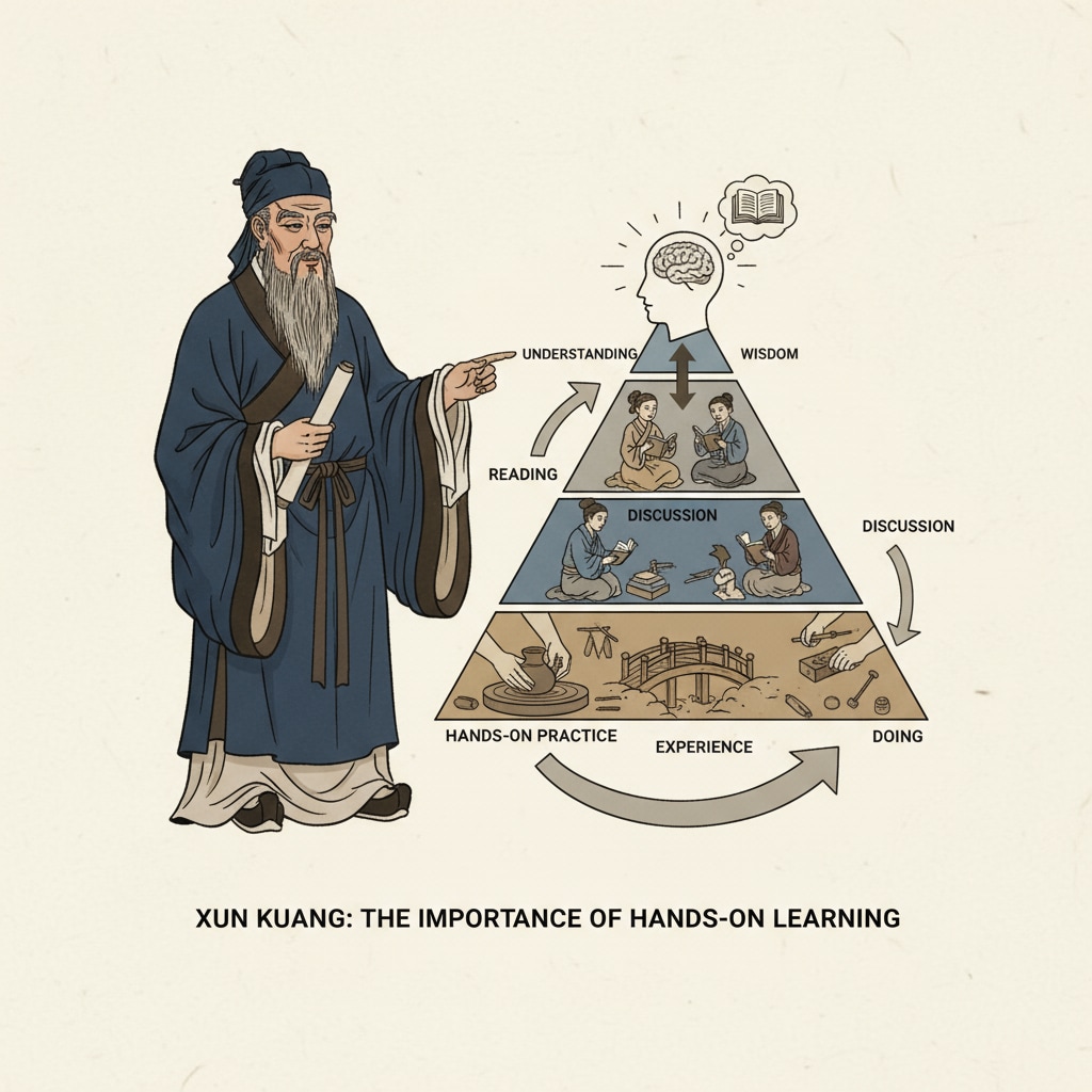 A portrait of Xun Kuang, an ancient Chinese philosopher, symbolizing his contributions to understanding the importance of hands-on learning in the learning hierarchy. Portrait of Xun Kuang related to learning theories emphasizing hands-on learning