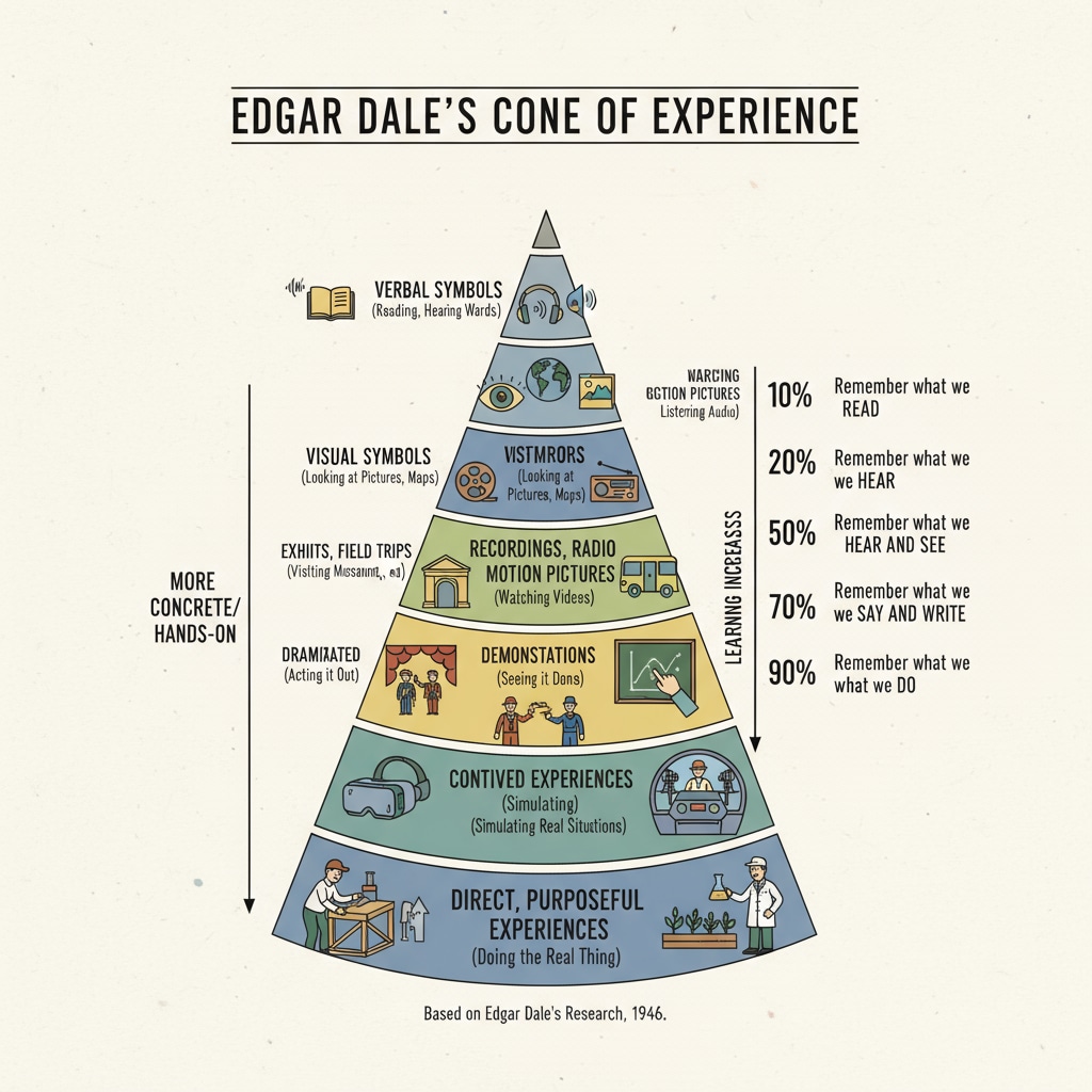 A diagram of Edgar Dale's Cone of Experience, showing various levels of learning experiences from the most abstract to the most hands-on. Diagram of Edgar Dale's Cone of Experience highlighting different learning levels related to hands-on learning
