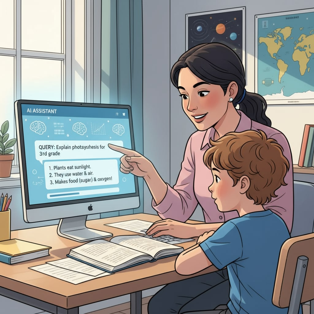 A parent and child using AI for homework, highlighting AI cheating and parental indulgence