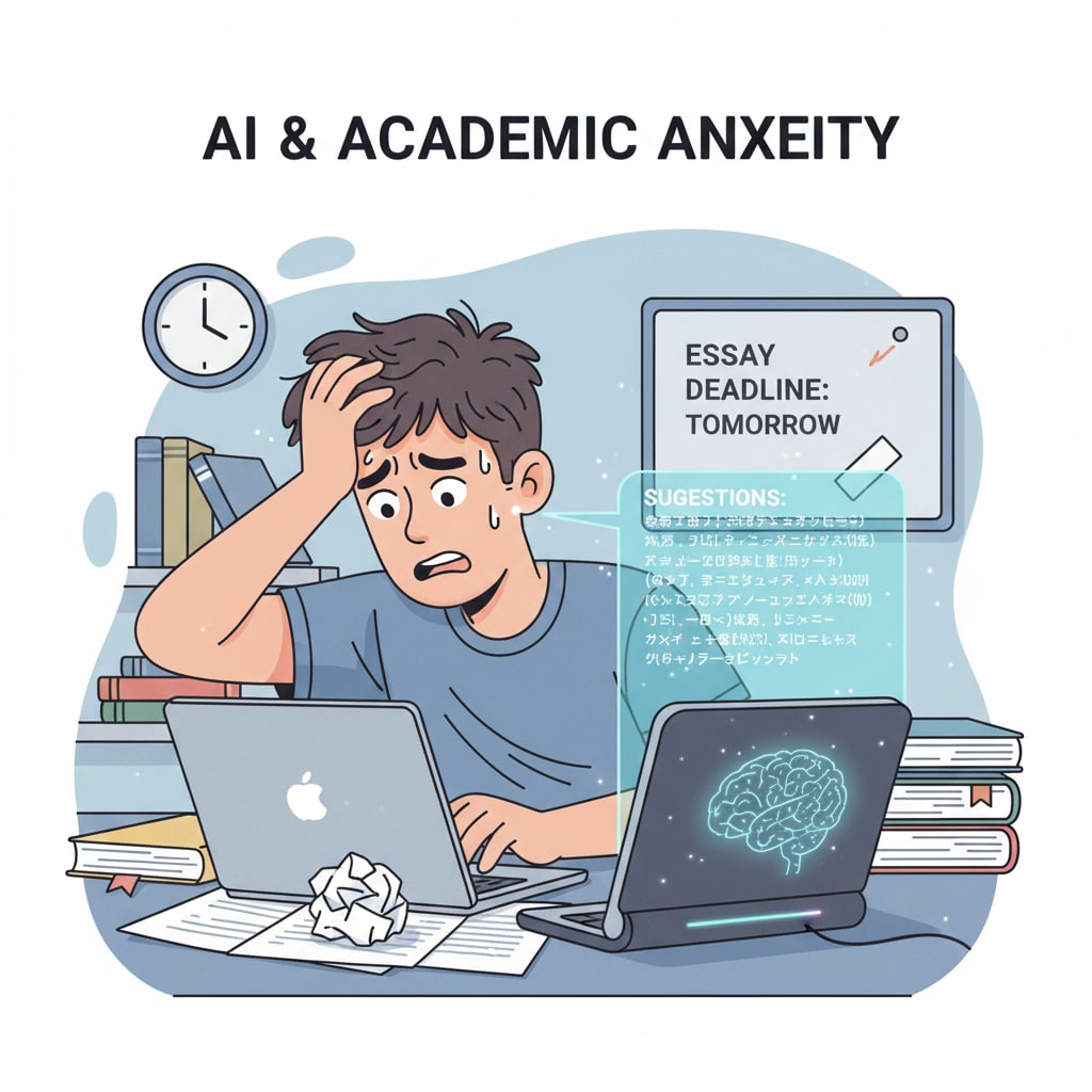 A stressed student with an AI device, related to writing anxiety in the context of AI use for homework