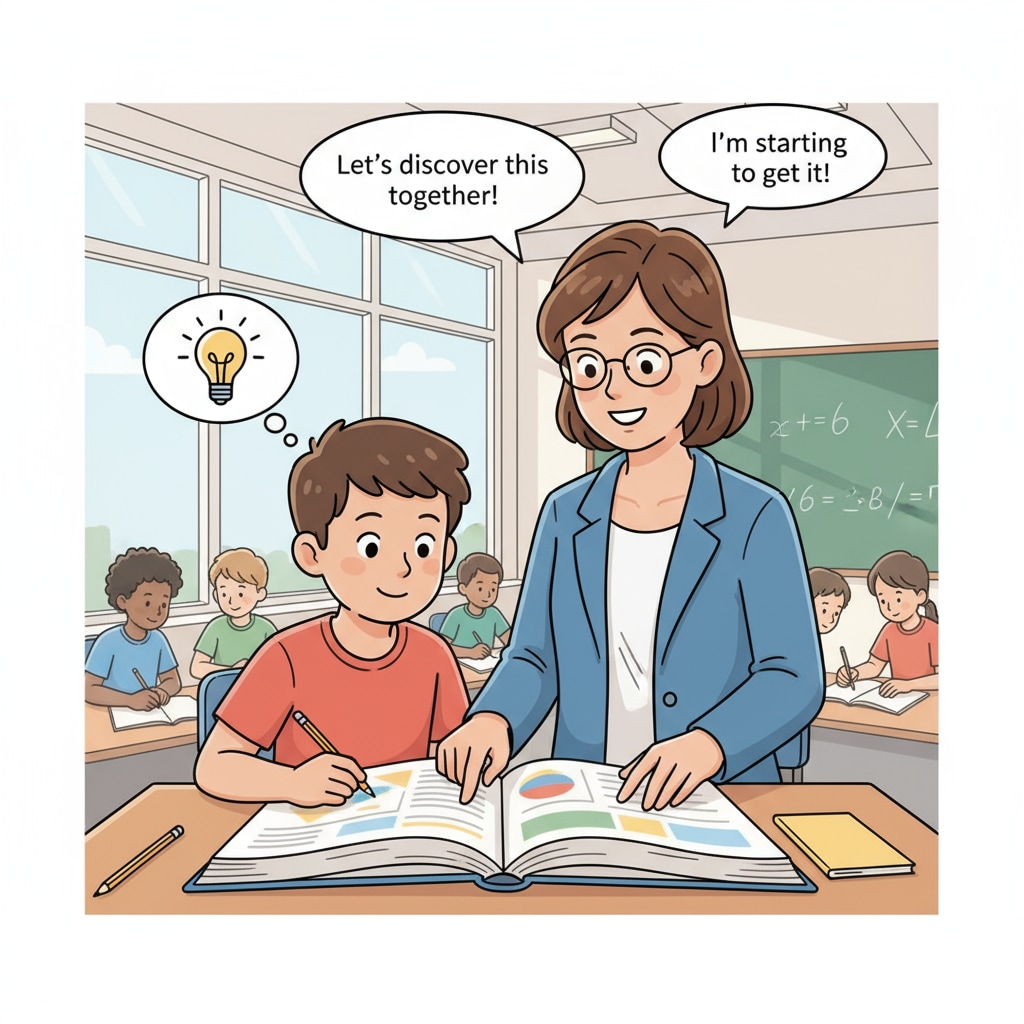 A teacher smiling while helping a student with learning difficulties in a classroom A teacher assisting a student with learning difficulties in Misunderstood Minds context