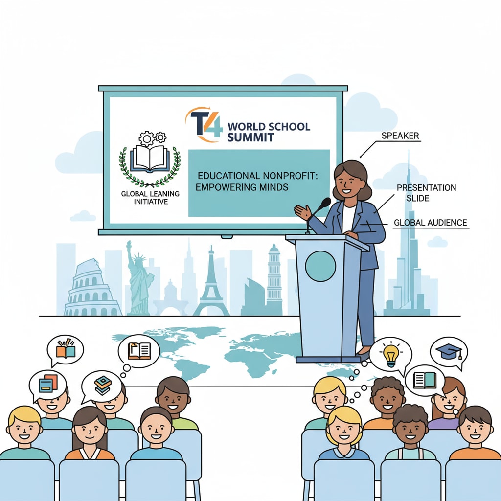 A person presenting an educational nonprofit at the T4 World School Summit, relevant to donor relations and Middle Eastern cultural etiquette