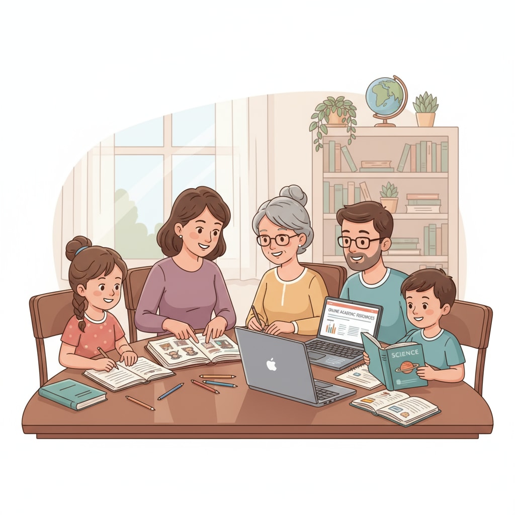 A family exploring academic resources for family education and teaching arrangements