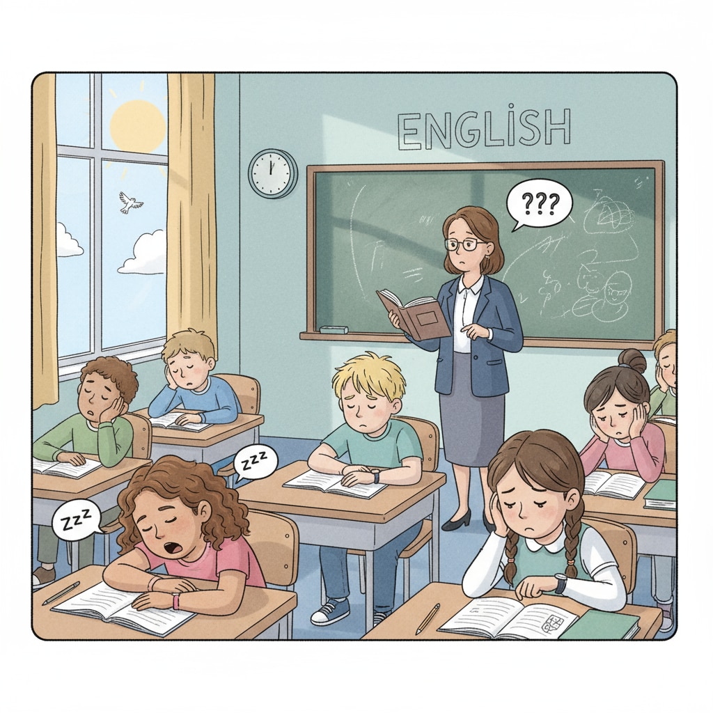 Students' bored expressions during an English class related to English courses, literary works, and learning experiences