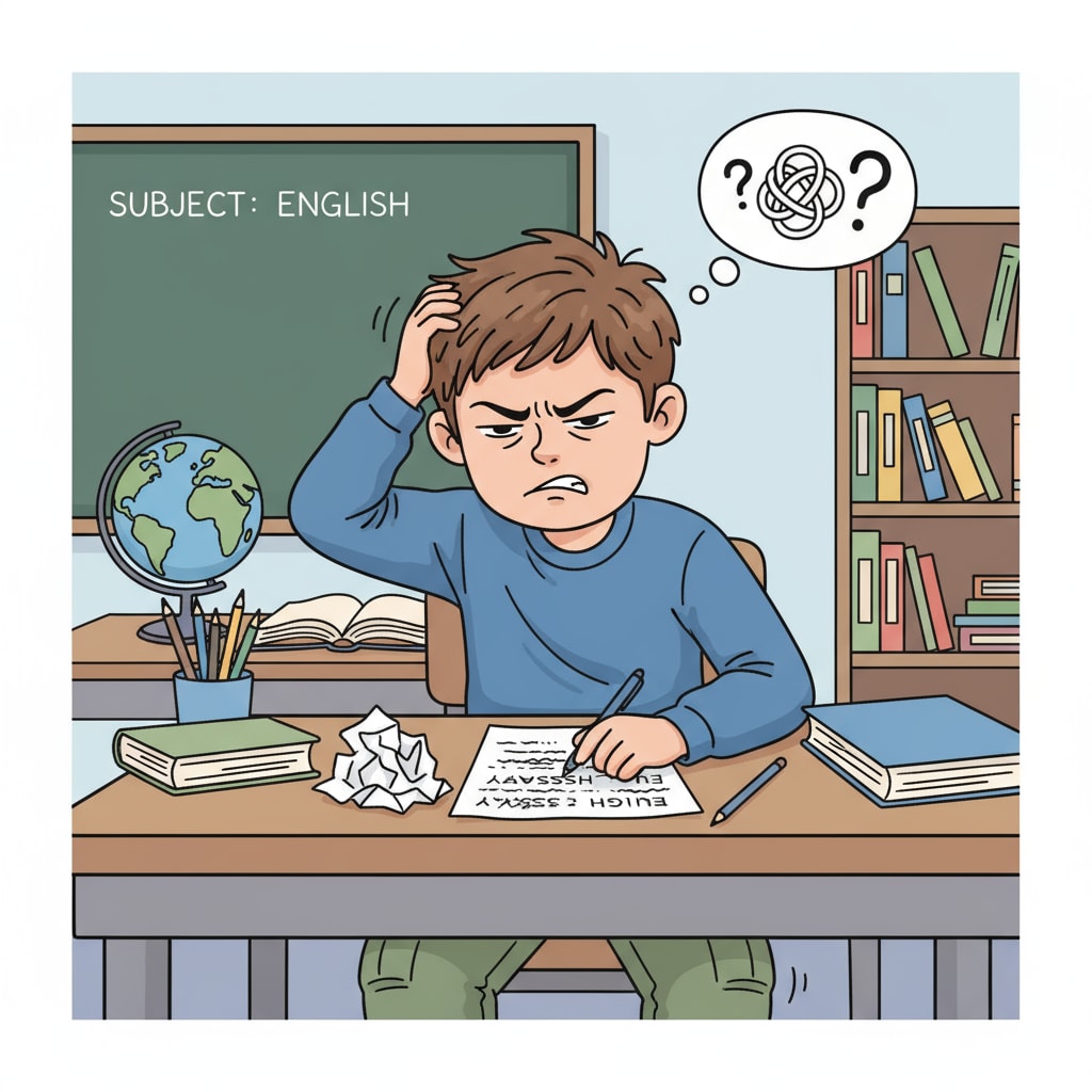 A student struggling with an English essay as part of English courses, literary works, and learning experiences