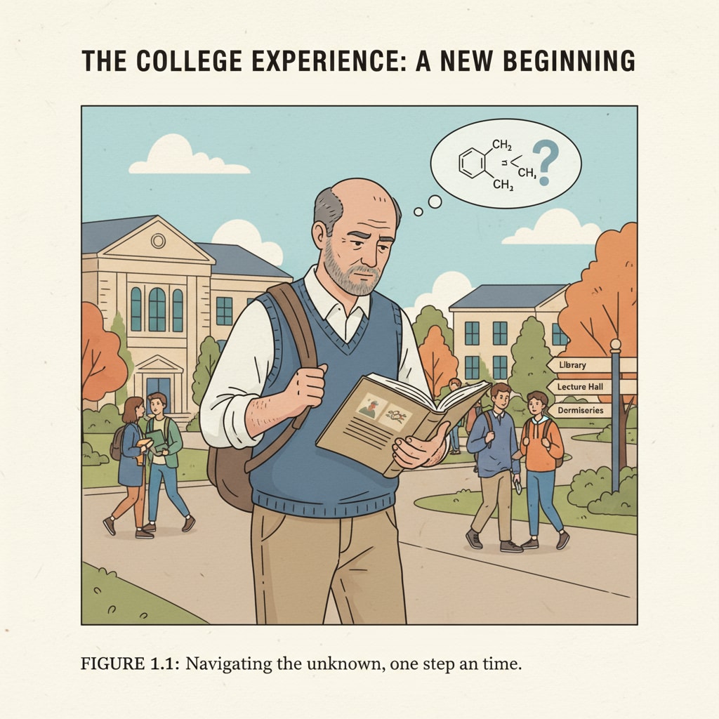 An older freshman on campus reflecting on age anxiety and time perception