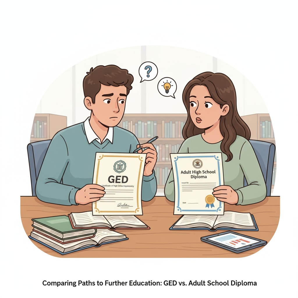 Two students comparing GED and adult high school diploma documents, showing a thoughtful expression Comparison of GED and adult high school diploma for college applications
